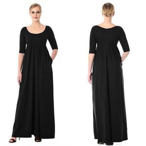 eShakti Womens Black Cotton Knit Empire Maxi Dress Plus Size 1X 18W Short Sleeve